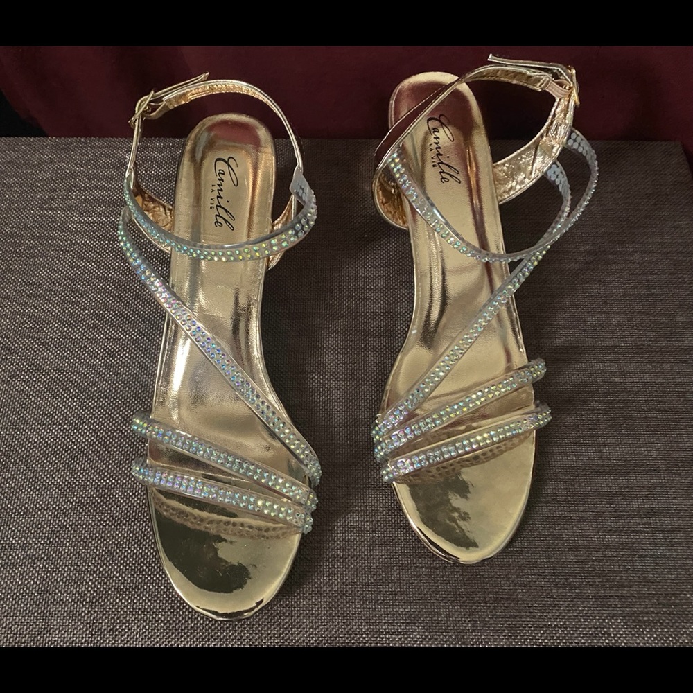 Gold Rhinestone Strap Dress Sandals Size 10